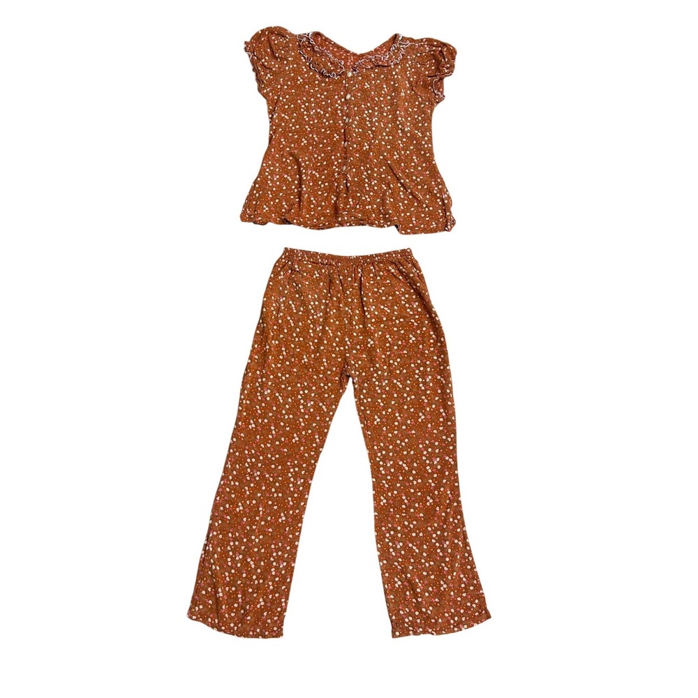 Vintage Handmade Floral Two Piece‎ Set Rust Orange Ruffle Collar Pants  pockets